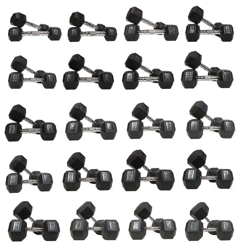 1-10kg "Class A" Rubber Hex Dumbbell Set With Triangular Storage Rack