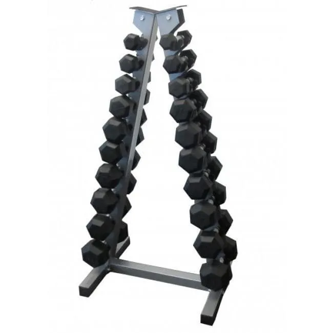 1-10kg "Class A" Rubber Hex Dumbbell Set With Triangular Storage Rack