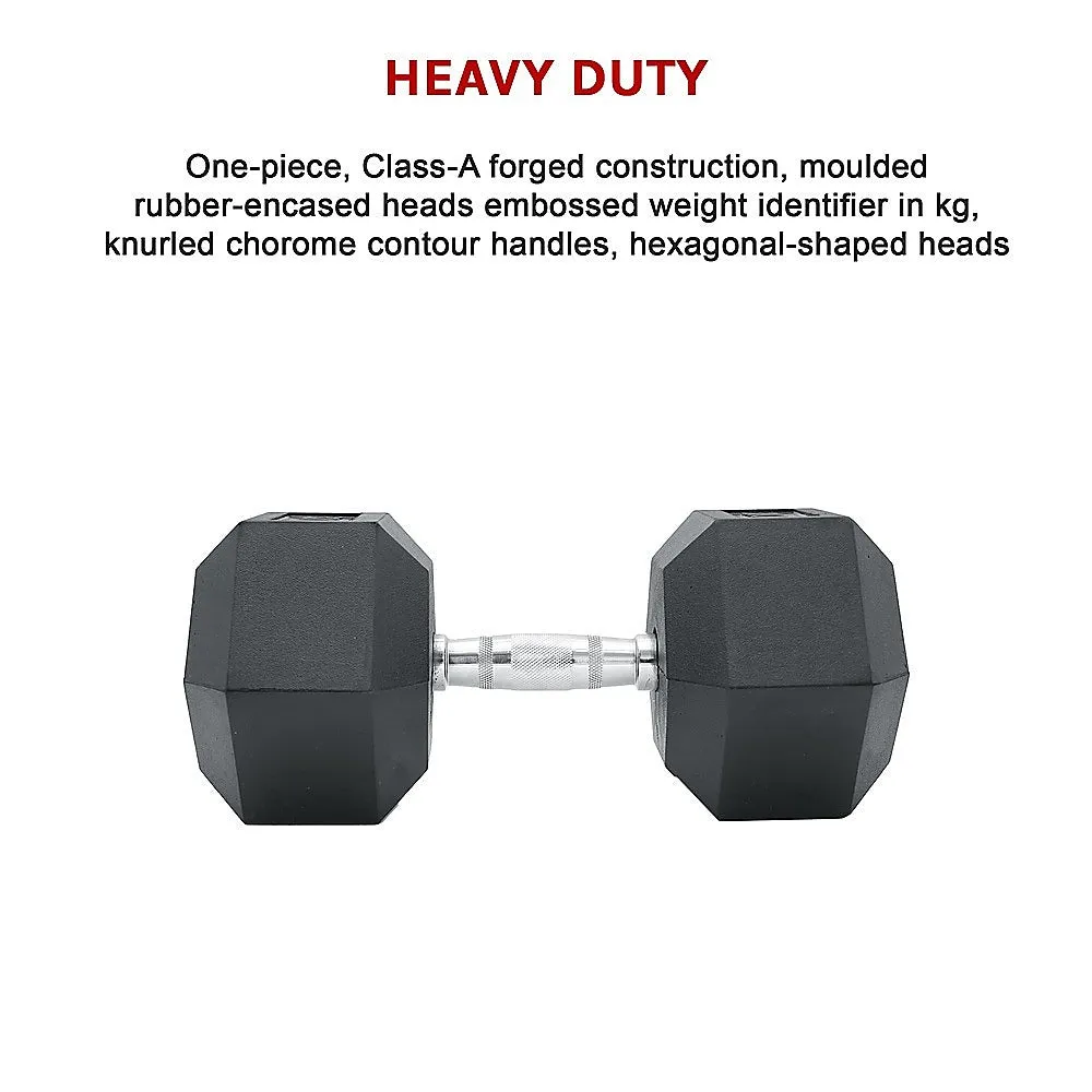 25KG Ergonomic Rubber Hex Dumbbell, Forged Construction