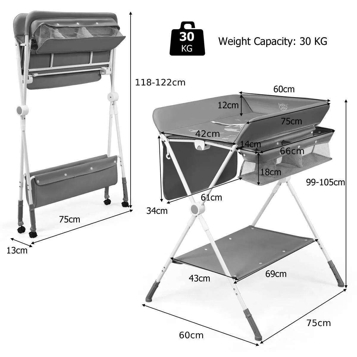 4-in-1 Baby Changing Table W/Mat Storage-Grey