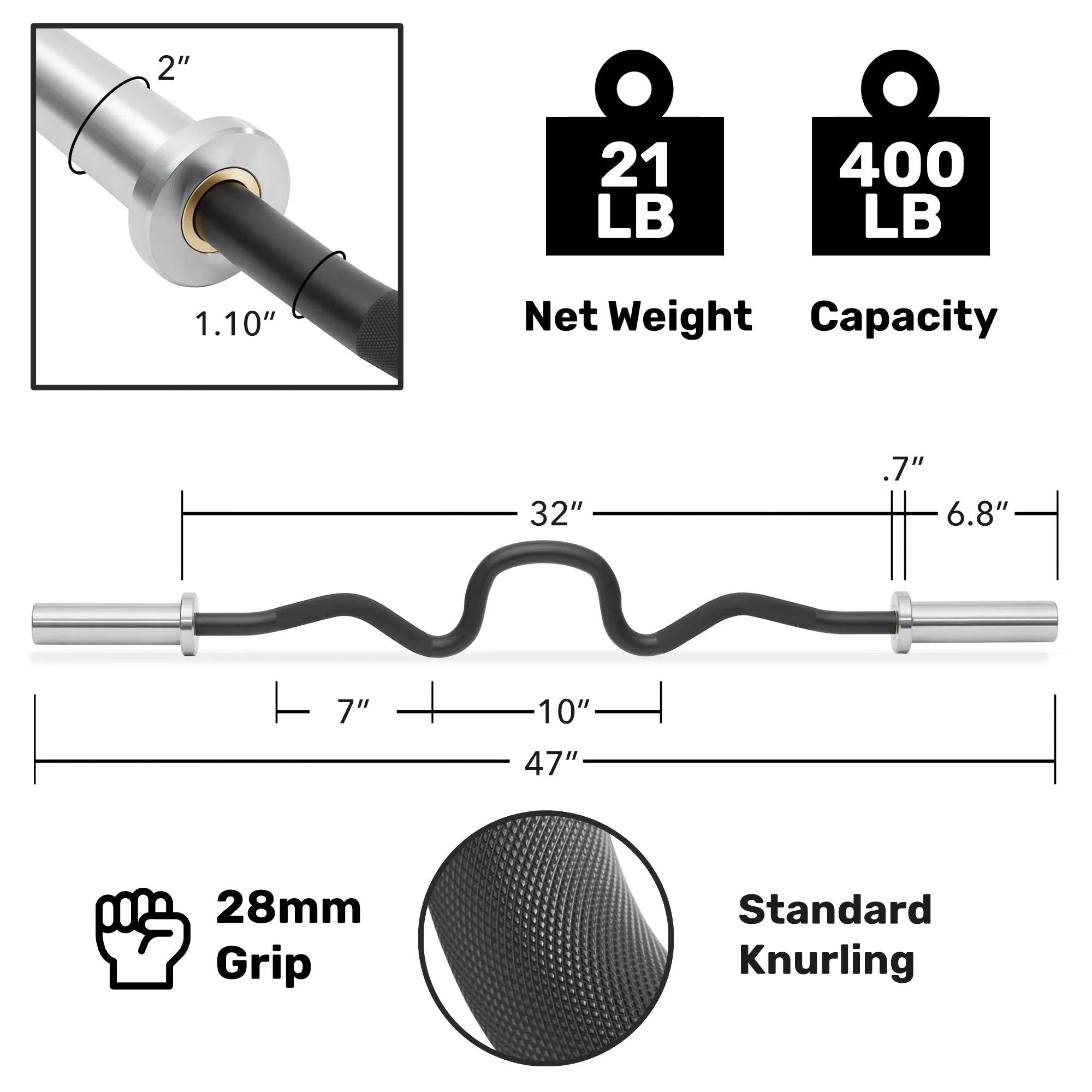 47" Super Curl Olympic Barbell - 400LB 4 Needle Bearing 2" Weight Bar