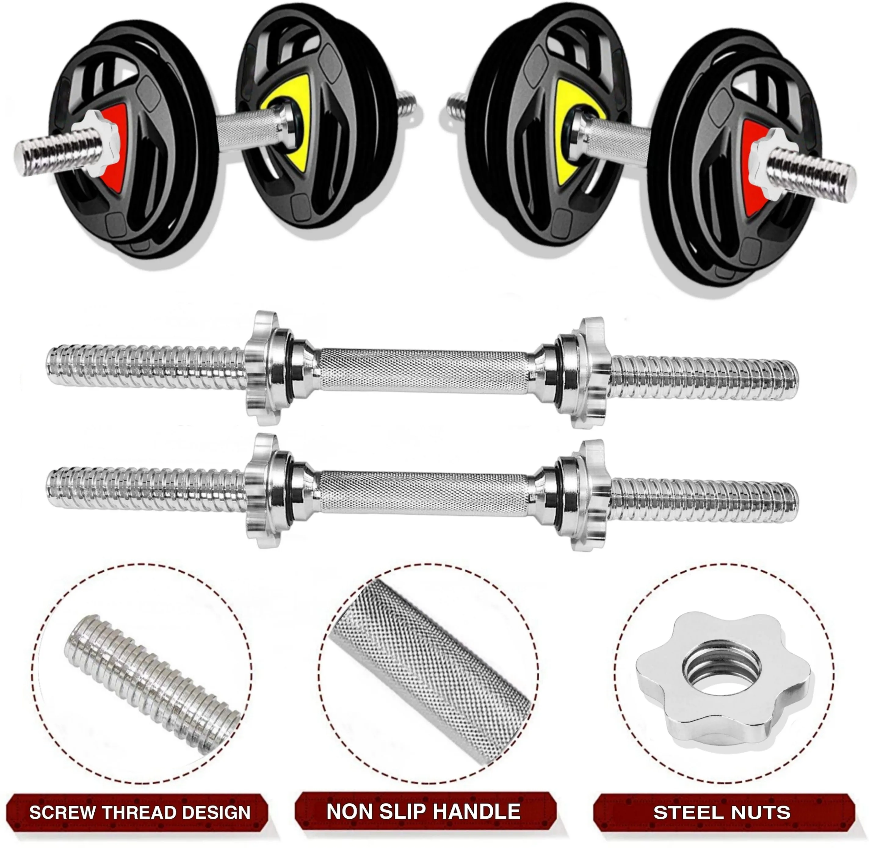 50KG GYM SET 4ft |5Ft Pair Star Nut Dumbbell |Rubber Coated Iron Plates & ACC(25MM)