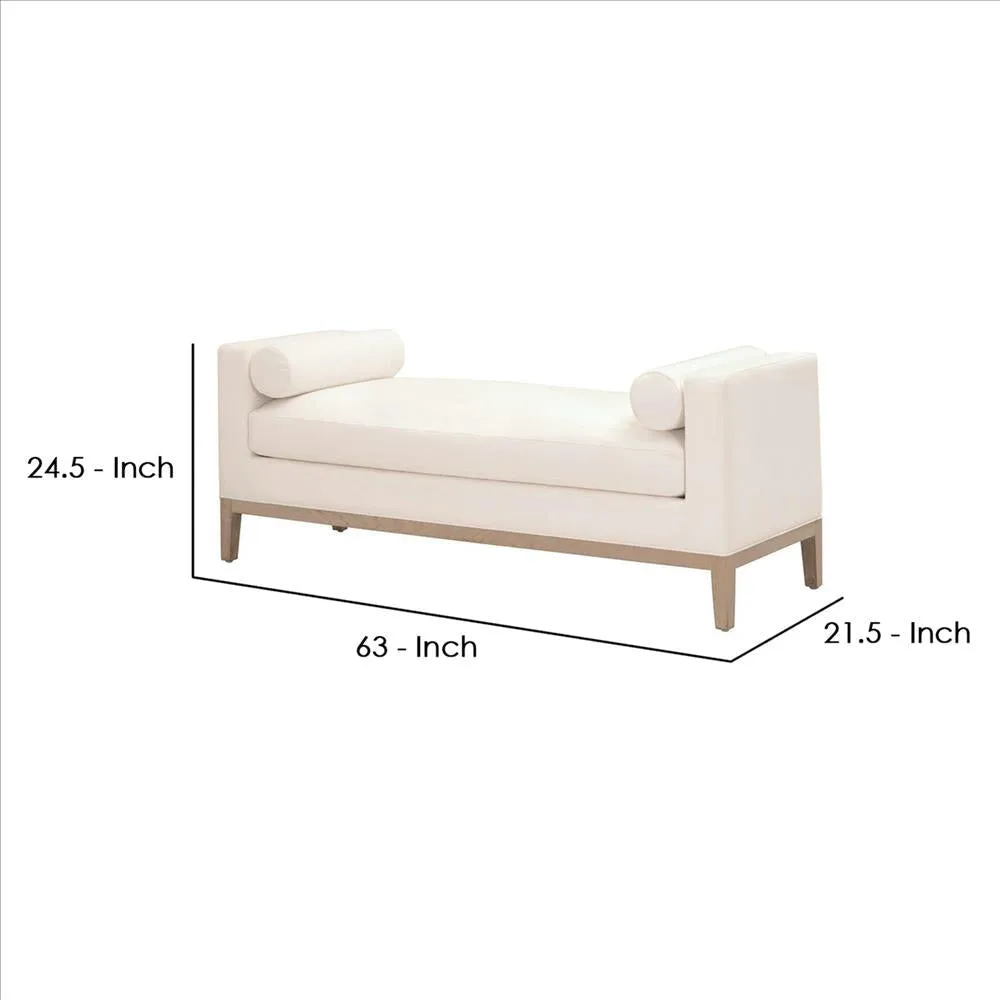 63 Inch Fabric Upholstered Bench with Track Armrests, Cream By Casagear Home