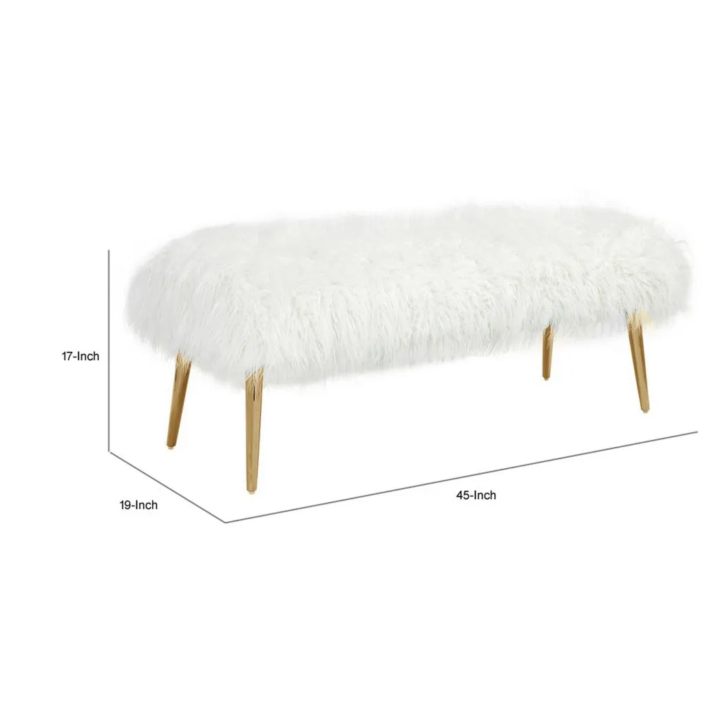 Ammy 45 Inch Bench, White Faux Fur Padded Seat, Glam Gold Metal Finish By Casagear Home