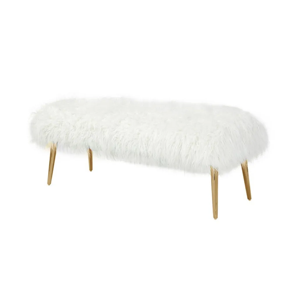 Ammy 45 Inch Bench, White Faux Fur Padded Seat, Glam Gold Metal Finish By Casagear Home