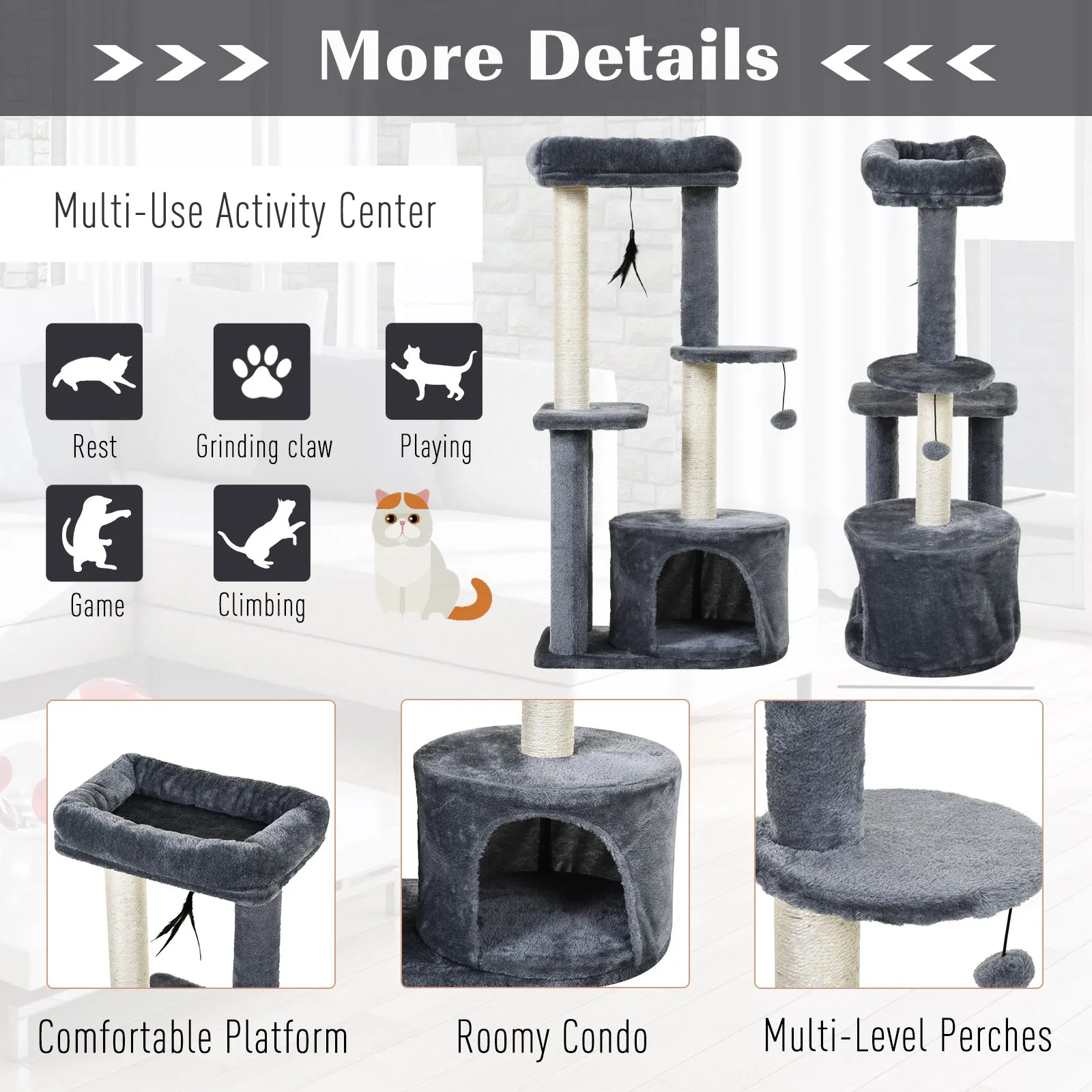 Cat Tree for Indoor Cats Kitten Tower w/ Perch House Scratching Post Platform Play Ball Plush Covering Play Rest Relax Grey White