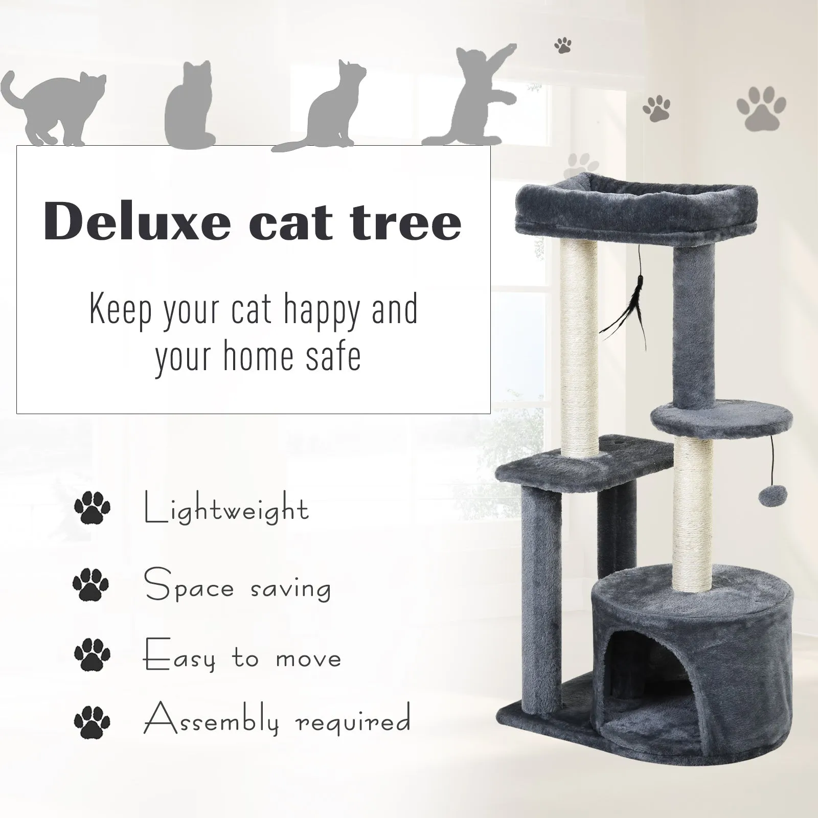 Cat Tree for Indoor Cats Kitten Tower w/ Perch House Scratching Post Platform Play Ball Plush Covering Play Rest Relax Grey White