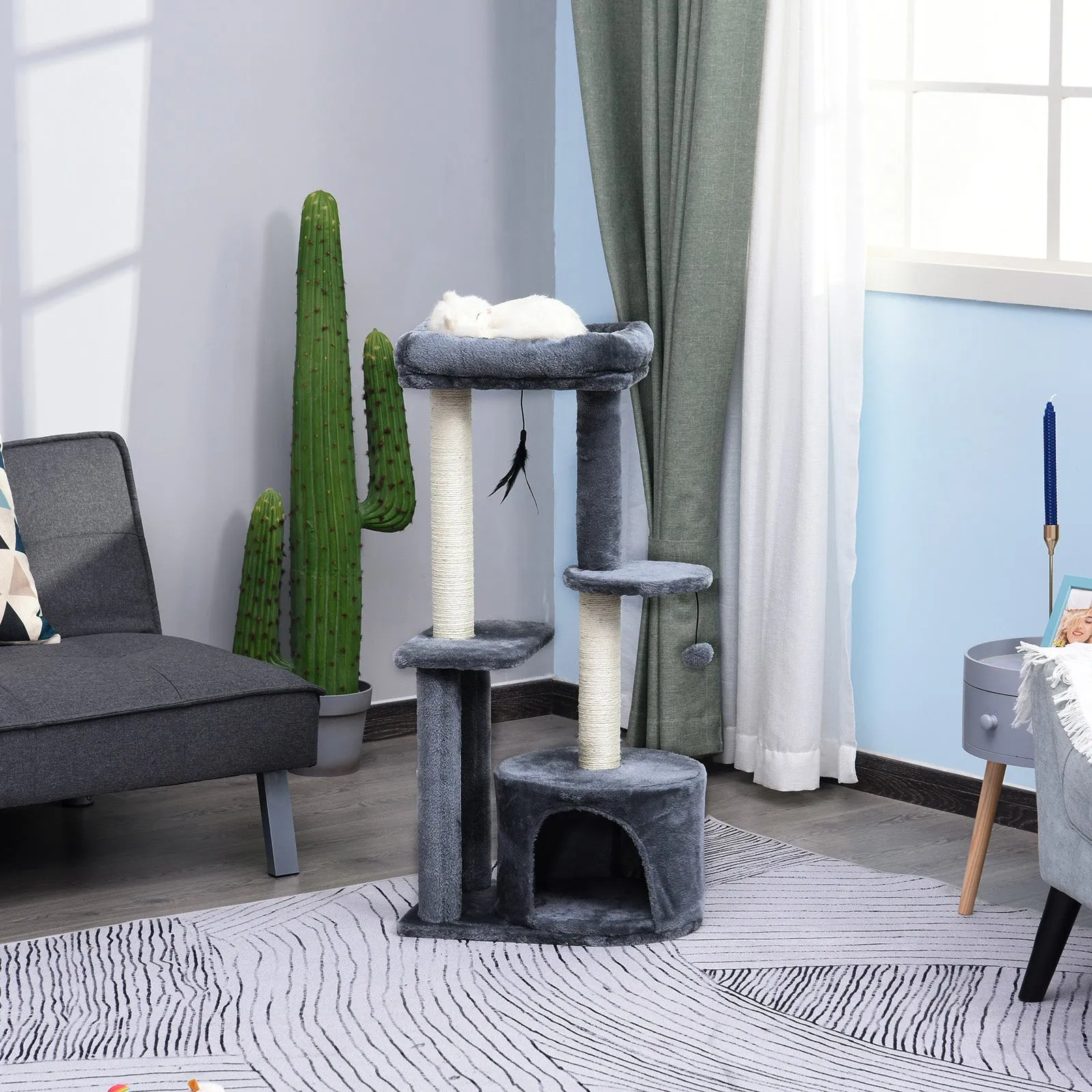 Cat Tree for Indoor Cats Kitten Tower w/ Perch House Scratching Post Platform Play Ball Plush Covering Play Rest Relax Grey White