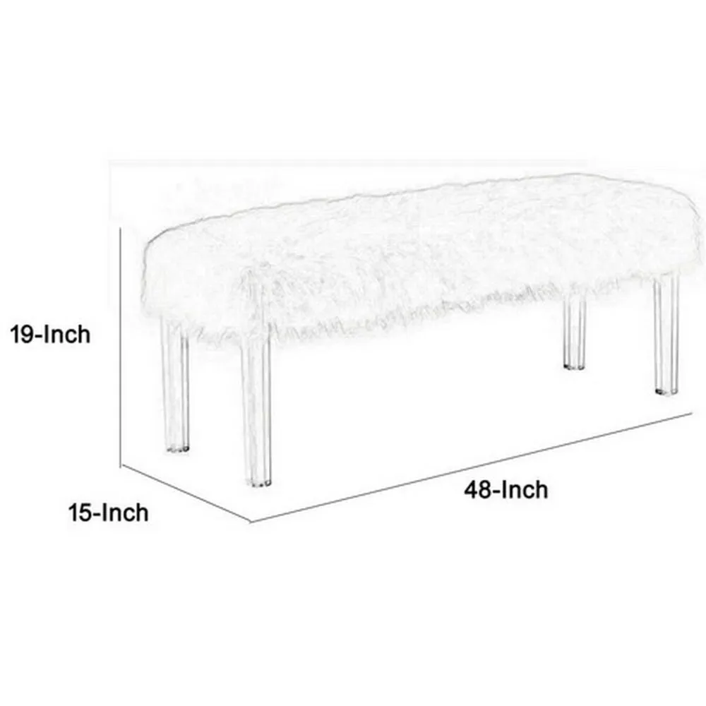 Contemporary Bench with Faux Fur Seat and Acrylic Legs, White and Clear By Casagear Home