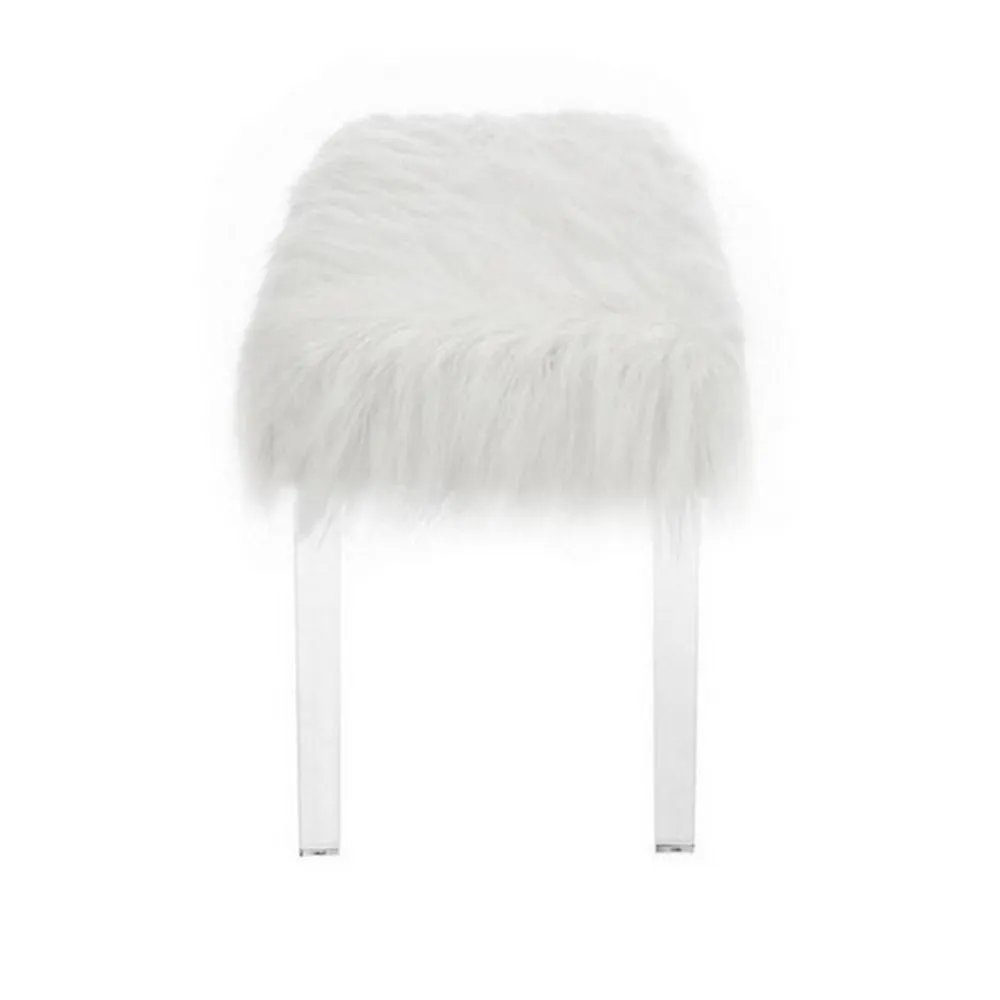 Contemporary Bench with Faux Fur Seat and Acrylic Legs, White and Clear By Casagear Home