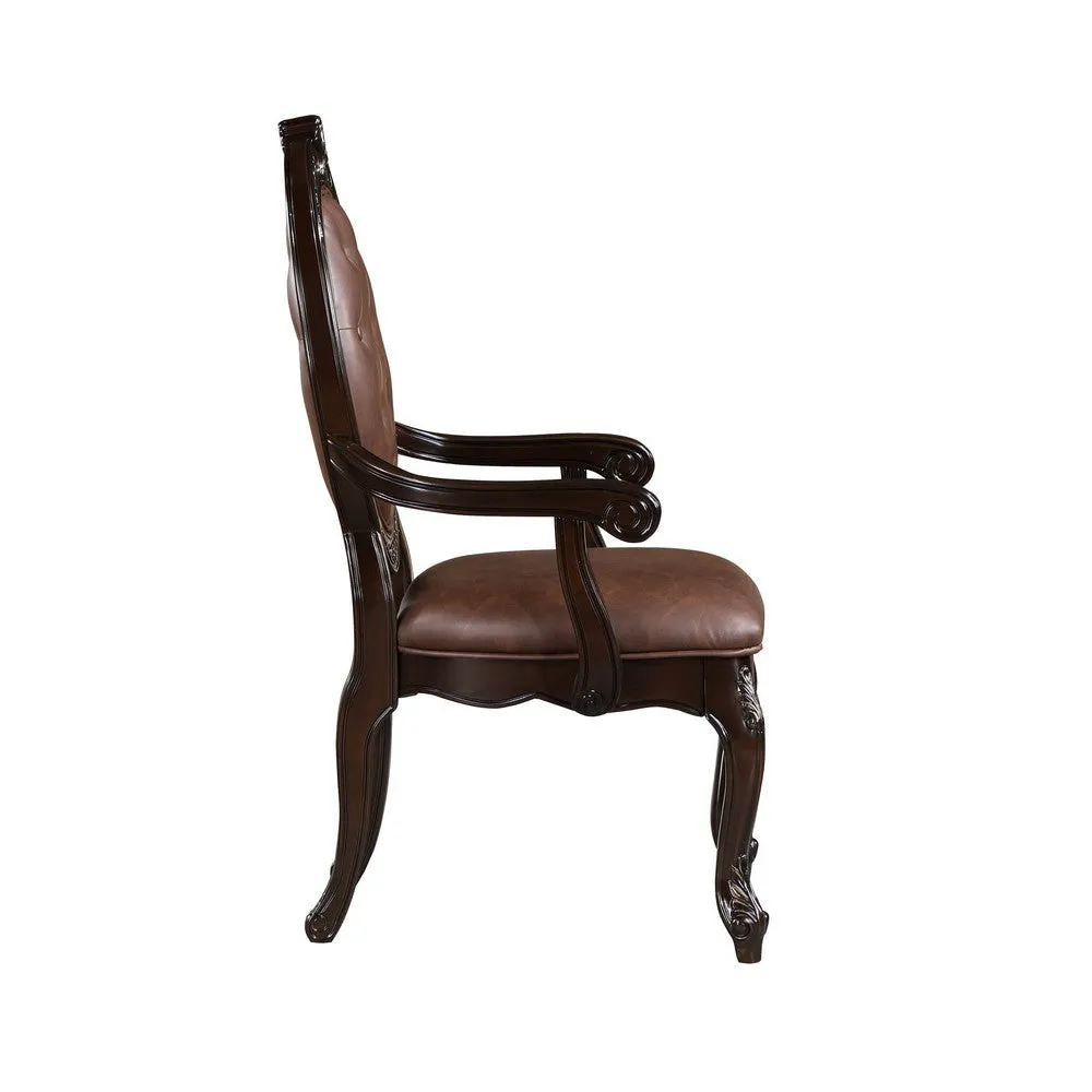 Cran 24 Inch Dining Armchair, Carved Details, Faux Leather Seat, Brown By Casagear Home