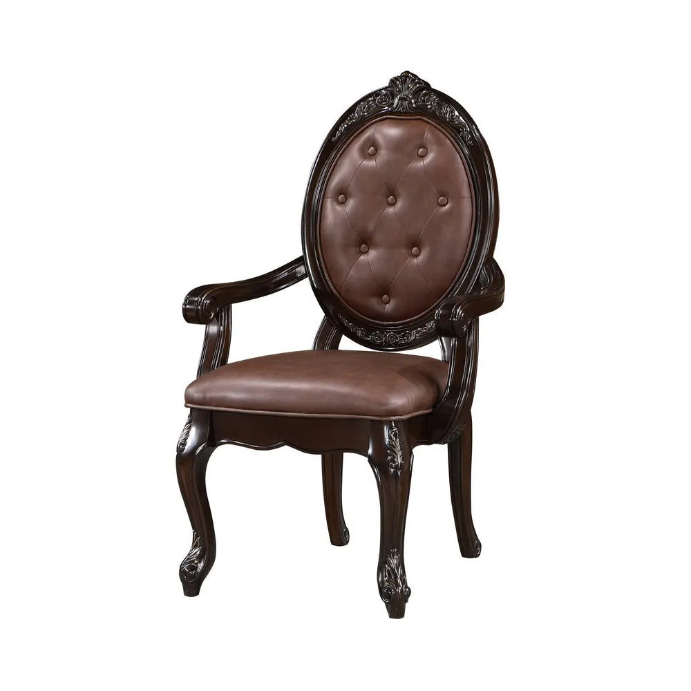 Cran 24 Inch Dining Armchair, Carved Details, Faux Leather Seat, Brown By Casagear Home