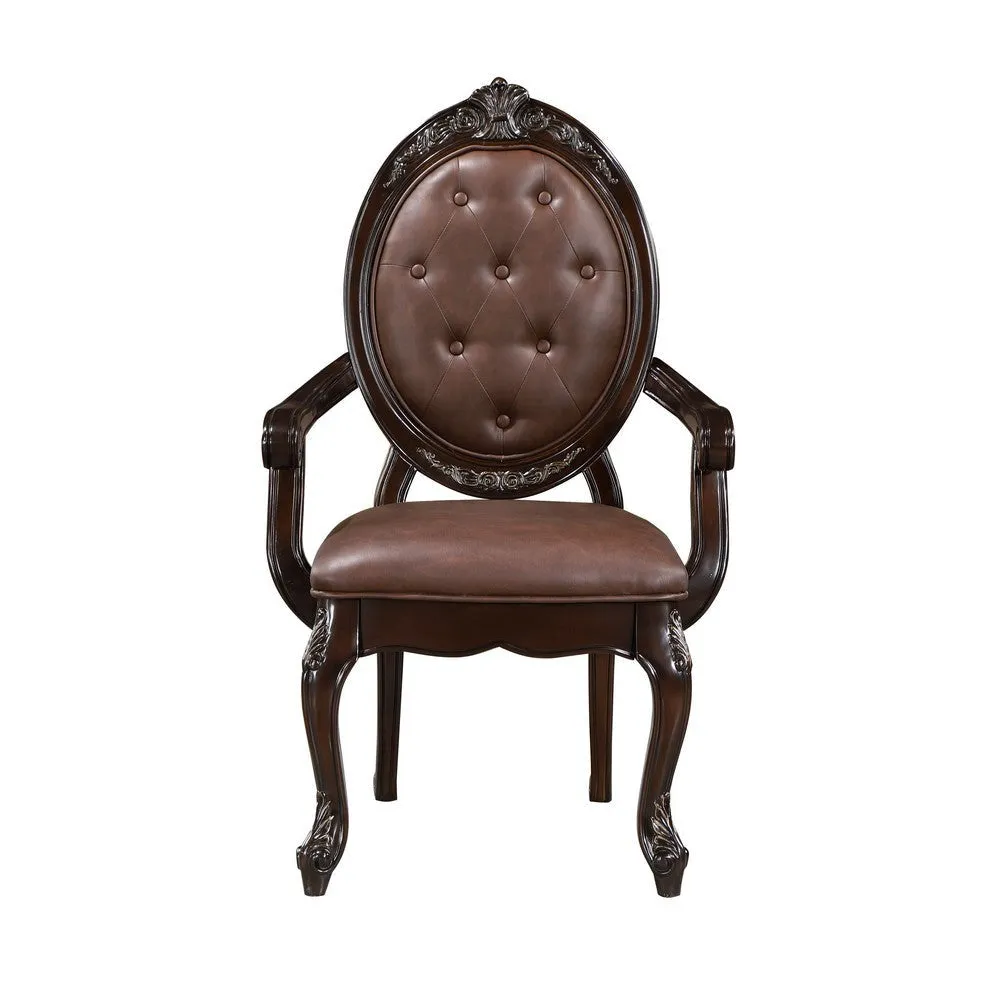 Cran 24 Inch Dining Armchair, Carved Details, Faux Leather Seat, Brown By Casagear Home