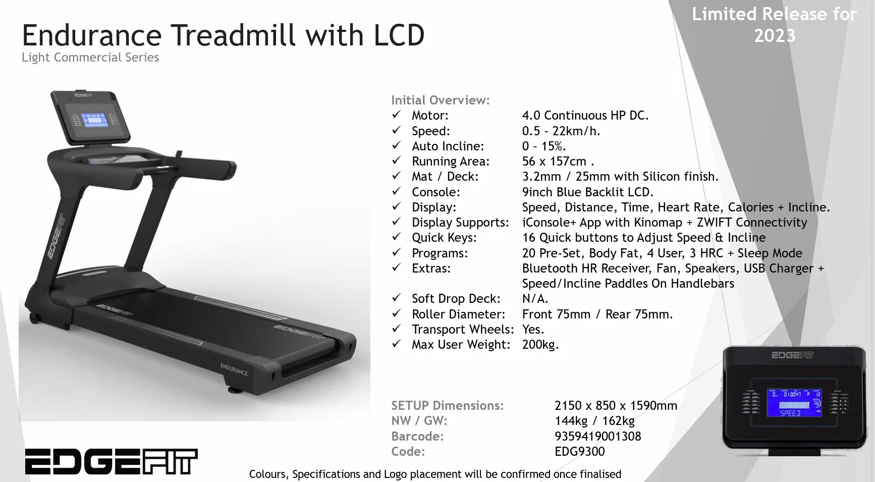 Edgefit Commercial Series: EDG9300 ENDURANCE Corporate Treadmill - LCD Console