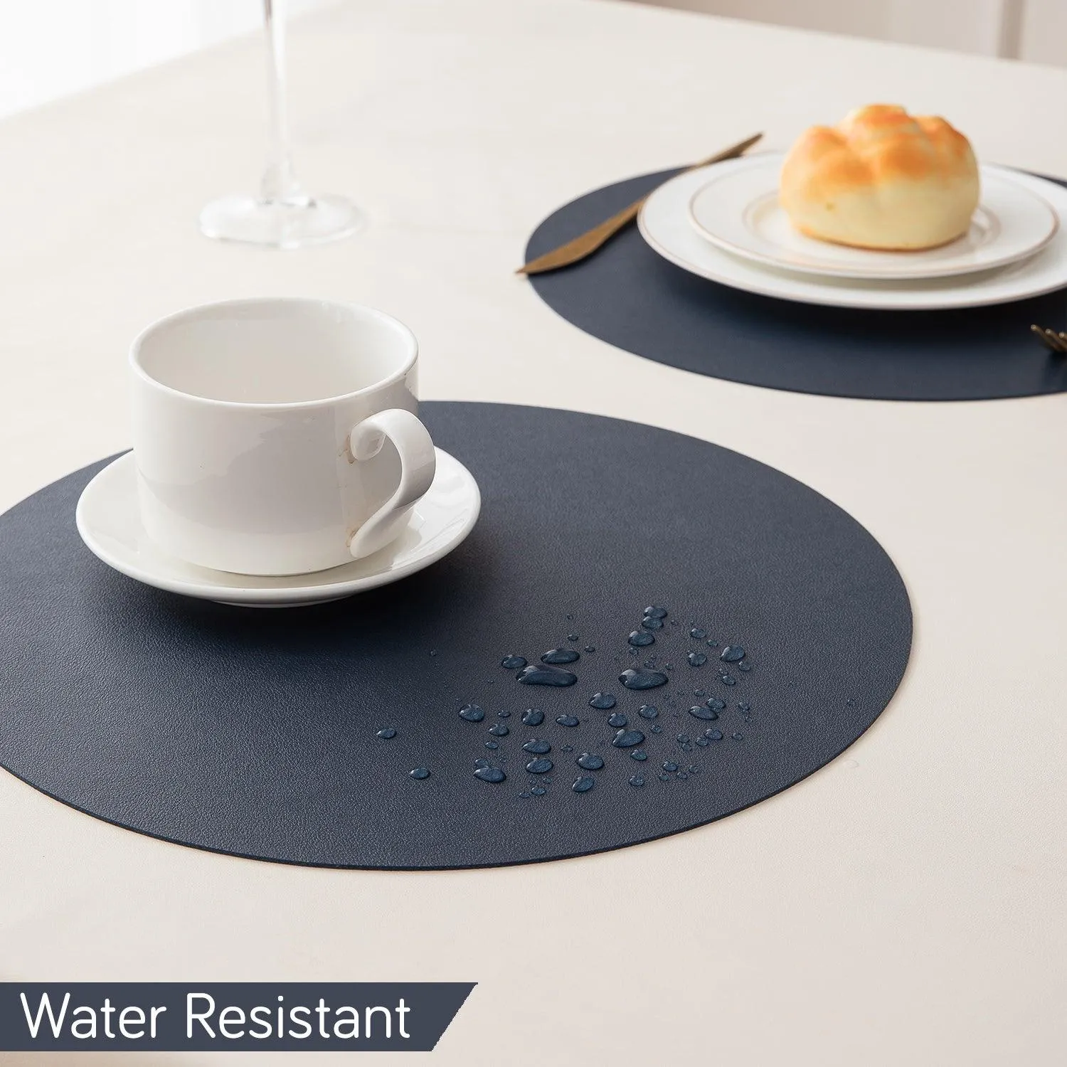 Premium Faux Leather Dining Table Round Mats, Navy Blue