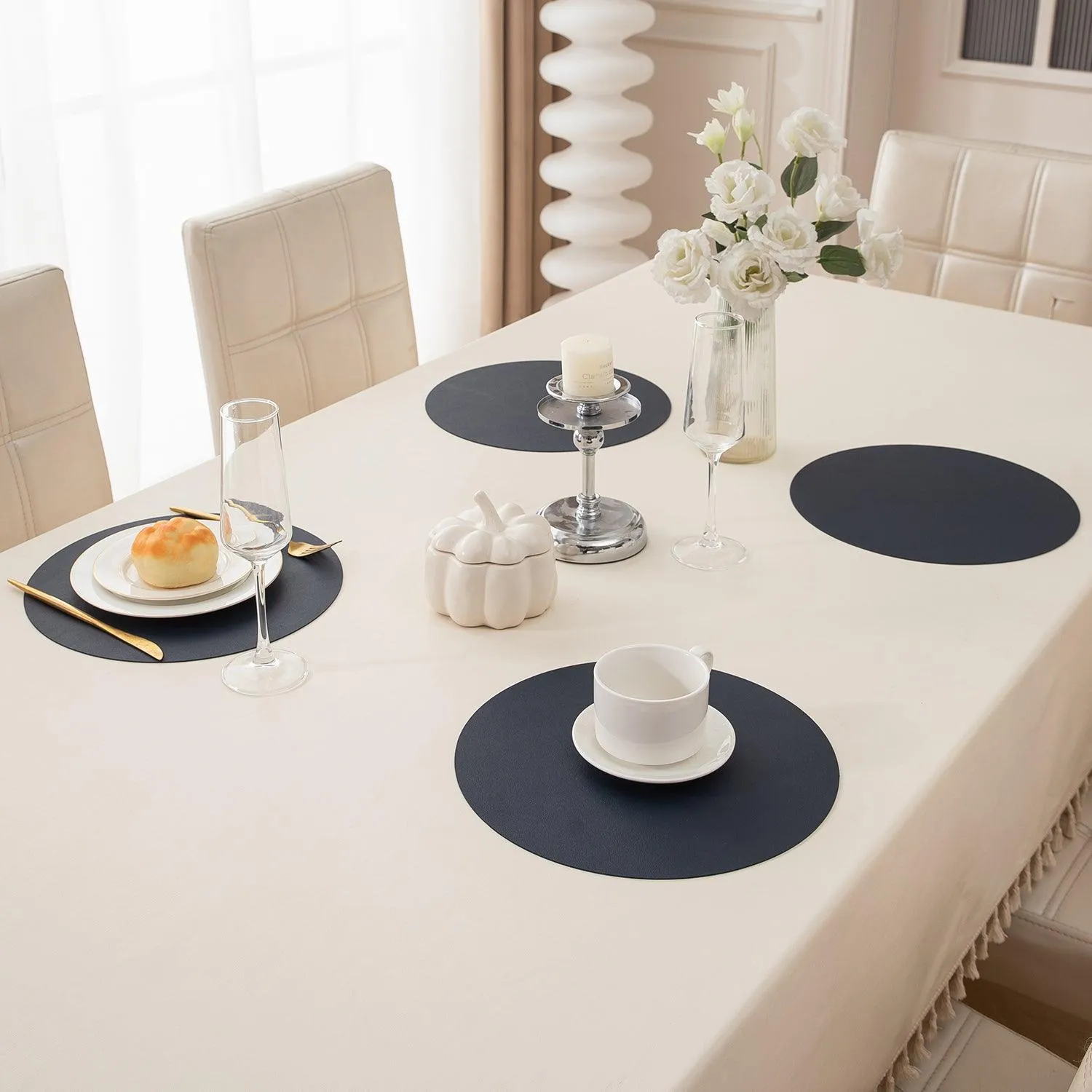 Premium Faux Leather Dining Table Round Mats, Navy Blue