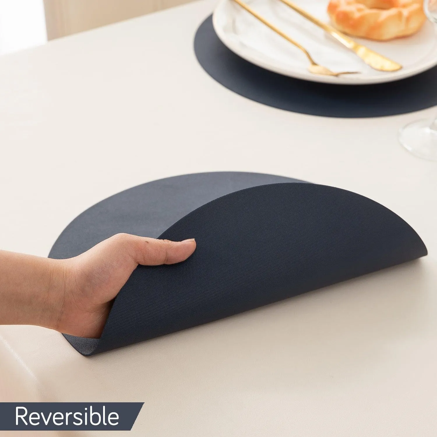 Premium Faux Leather Dining Table Round Mats, Navy Blue