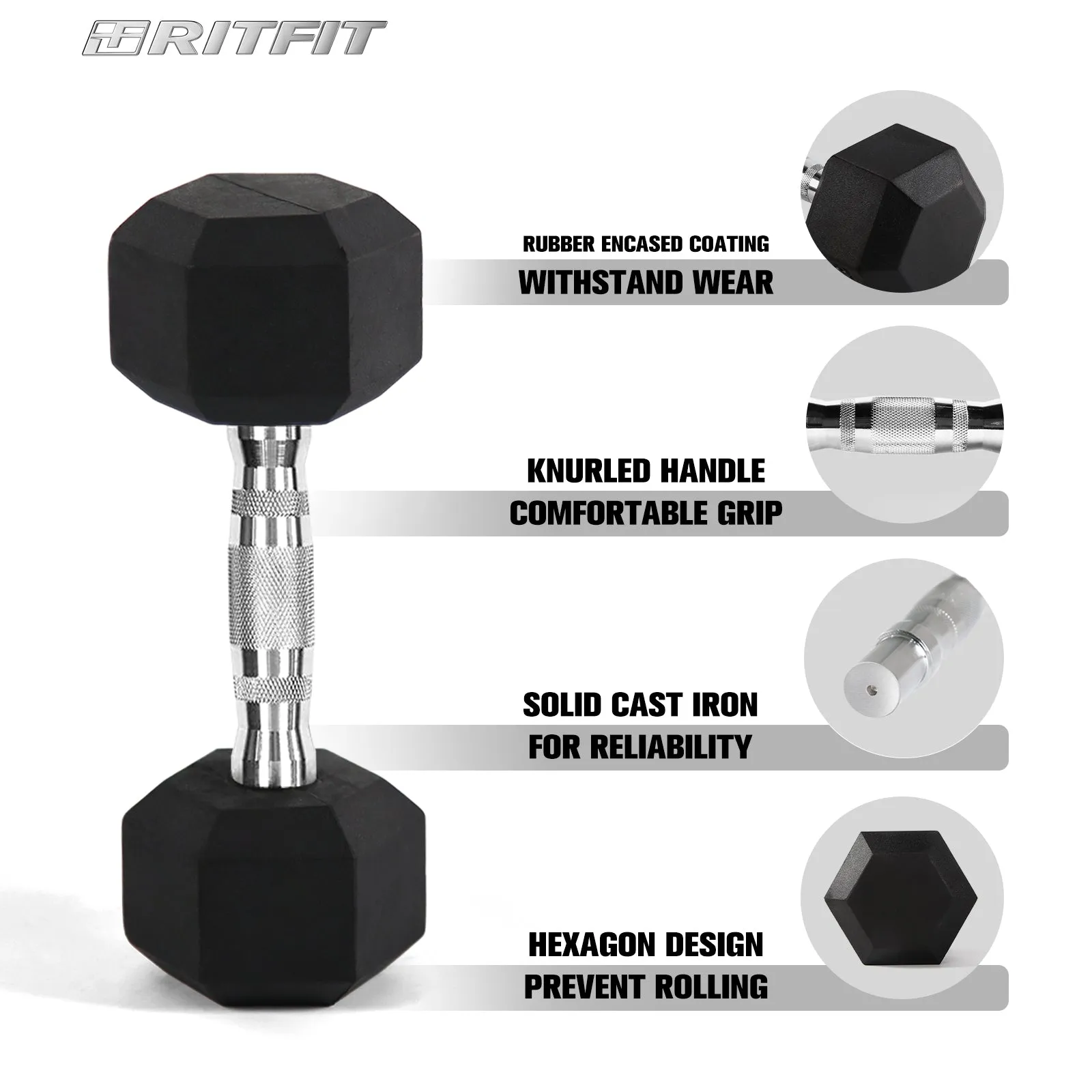 RitFit Rubber Hex Dumbbells Set with Rack 60LB-300LB