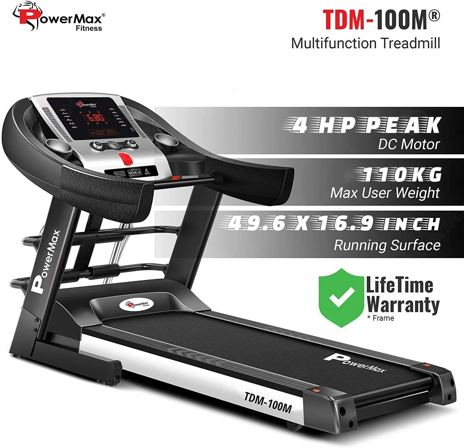 TDM-100M (4HP Peak) Multi-Function Treadmill For Home Use With Massager Max User Wt. 105Kg 6 Level Incline Top Speed:14.8 Km/Hr Spring Resistance (Free Installation Assistance)