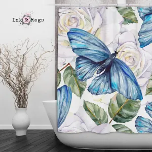 Watercolor Blue Butterfly and White Rose Shower Curtains and Optional Bath Mats