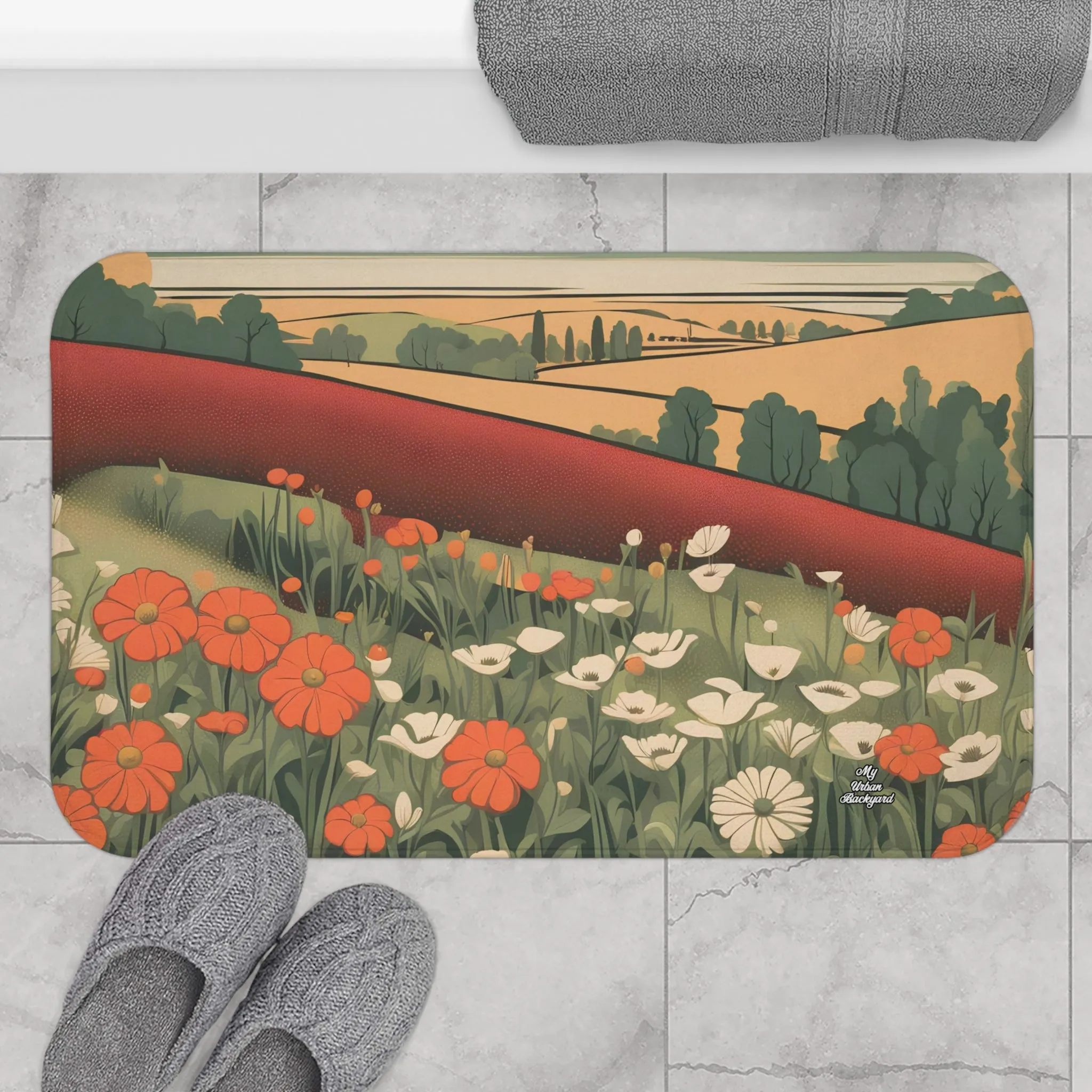 Wildflowers and Rolling Hills, Memory Foam Bath Mat - Cozy Bathroom Essential